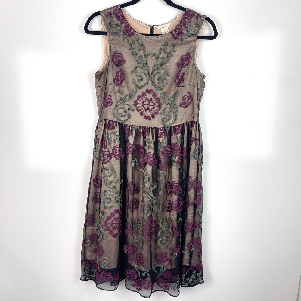 Sundance Sleeveless Thule Floral Embroidered Overlay Dress Knee Length Women’s 2